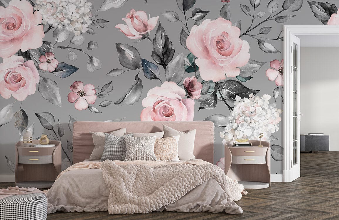 Elegant grey and pink floral wallpaper in bedroom, featuring watercolour botanical design, with chic decor.
