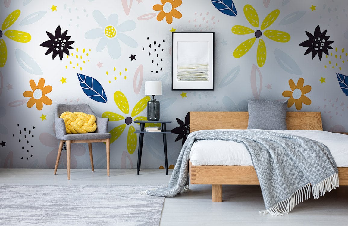 Colourful Floral Pattern Wallpaper in bedroom with a grey chair, wooden bed, and abstract wall art.