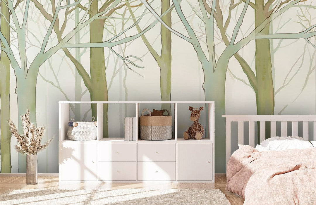 Serene Misty Forest Mural in bedroom with white storage, wooden flooring, and pink bedding.