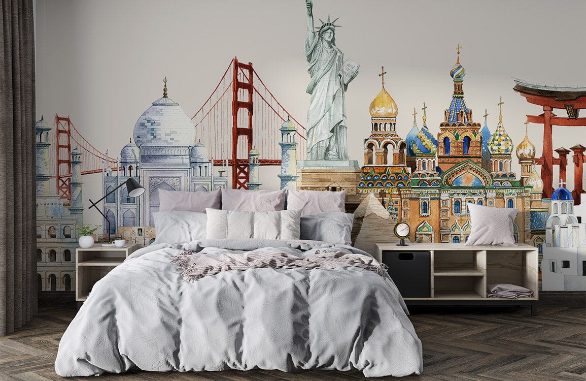Bedroom showcasing Global Landmarks Watercolour Mural Wallpaper, elegant architecture design, grey duvet, wooden flooring.
