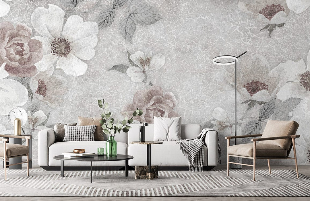 Vintage floral watercolour wallpaper in beige and grey, modern beige chairs, white sofa, striped rug.
