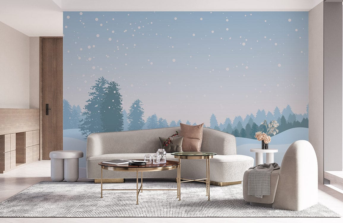 Alt text: Serene Winter Wonderland mural in cosy living room with grey sofas, modern table, and wooden flooring.