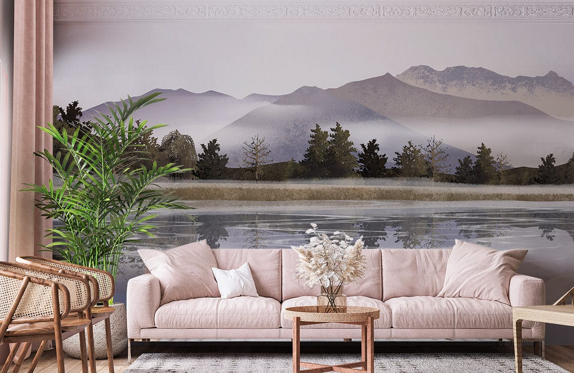 Serene Misty Mountain mural wallpaper in living room, soft pink sofa, natural wood furniture, neutral tones.