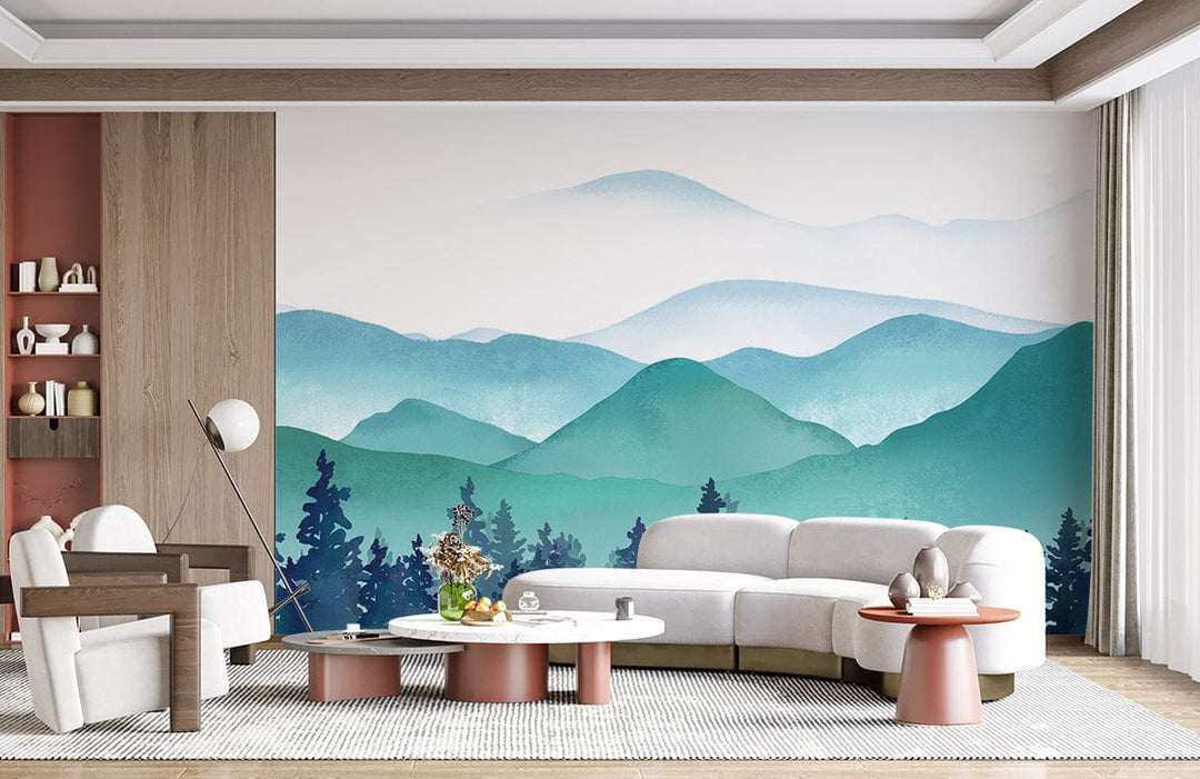 Aqua Green Forest Mural Wallpaper with misty mountains, modern white sofa, wooden flooring, elegant decor.