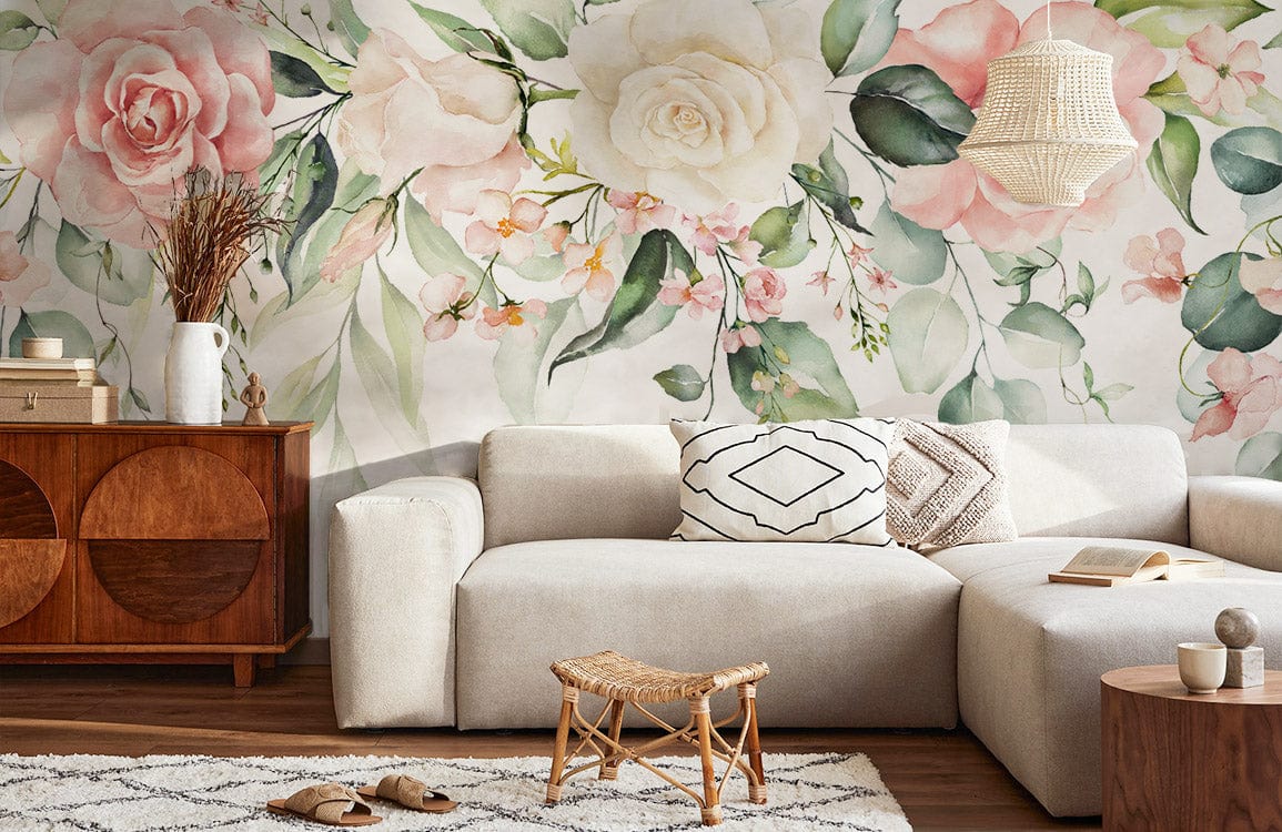 Romantic watercolour floral wallpaper, pastel shades, cream sofa, wooden furniture, cosy living room Décor.