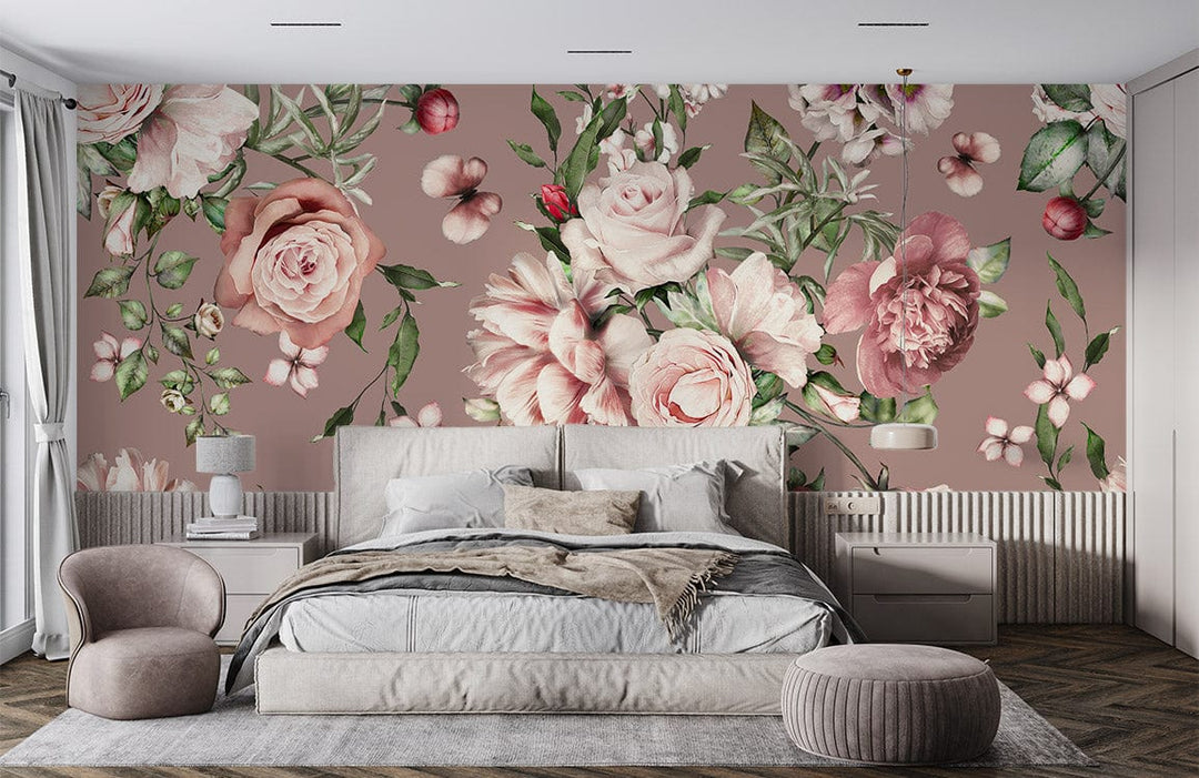 Vintage floral mural wallpaper in pink, green tones; elegant bedroom with neutral furnishings, plush chair.
