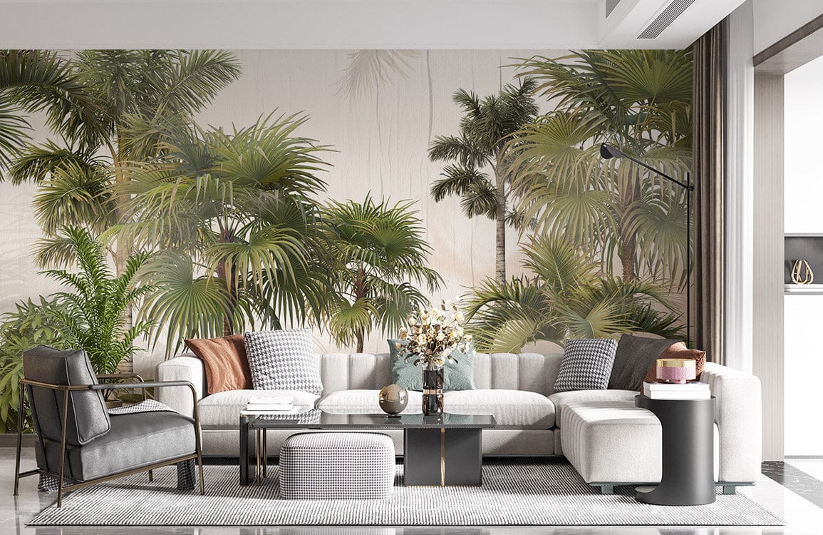 Tropical Oasis Mural Wallpaper with palm design, modern grey sofa, sleek living room decor, and plush rug.
