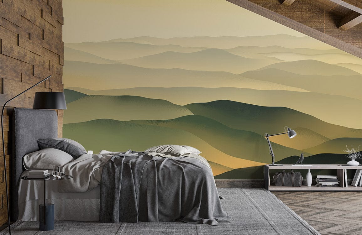 Golden Sunset Mountain Landscape Mural Wallpaper in bedroom with wooden accents, grey bed, and modern design.