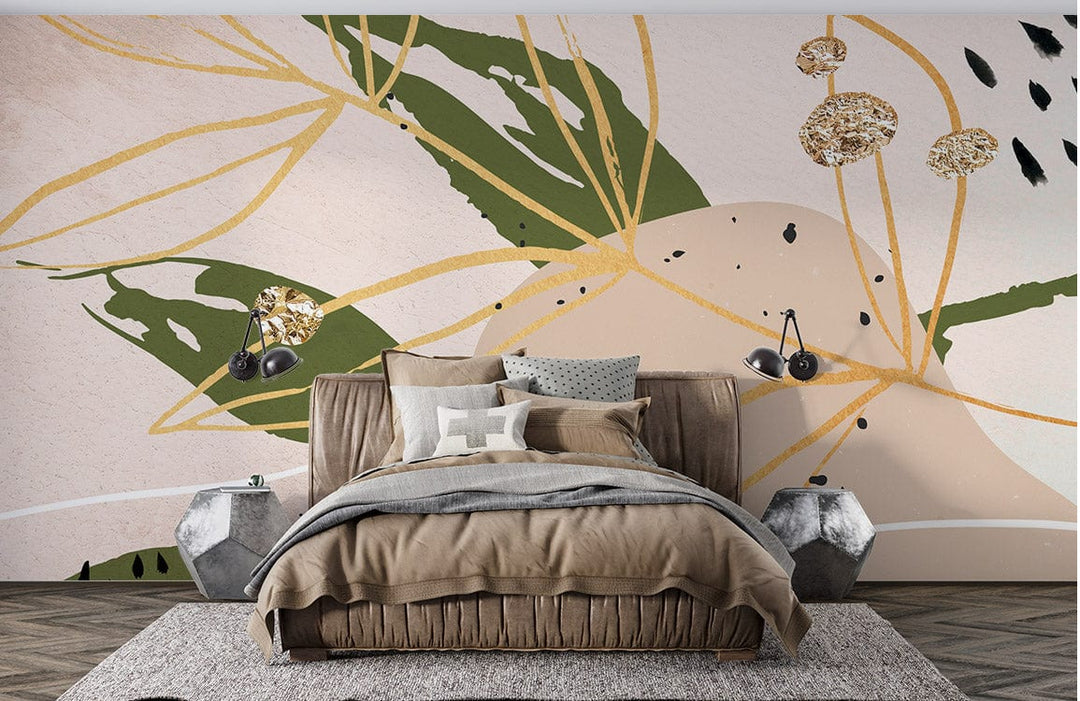 Abstract botanical mural wallpaper in green and gold, beige wall, modern sofa, geometric side tables.