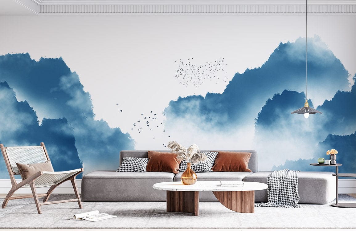 Tranquil Blue Sky with Birds Wallpaper in modern living room, grey sofa, wooden chair, white rug.