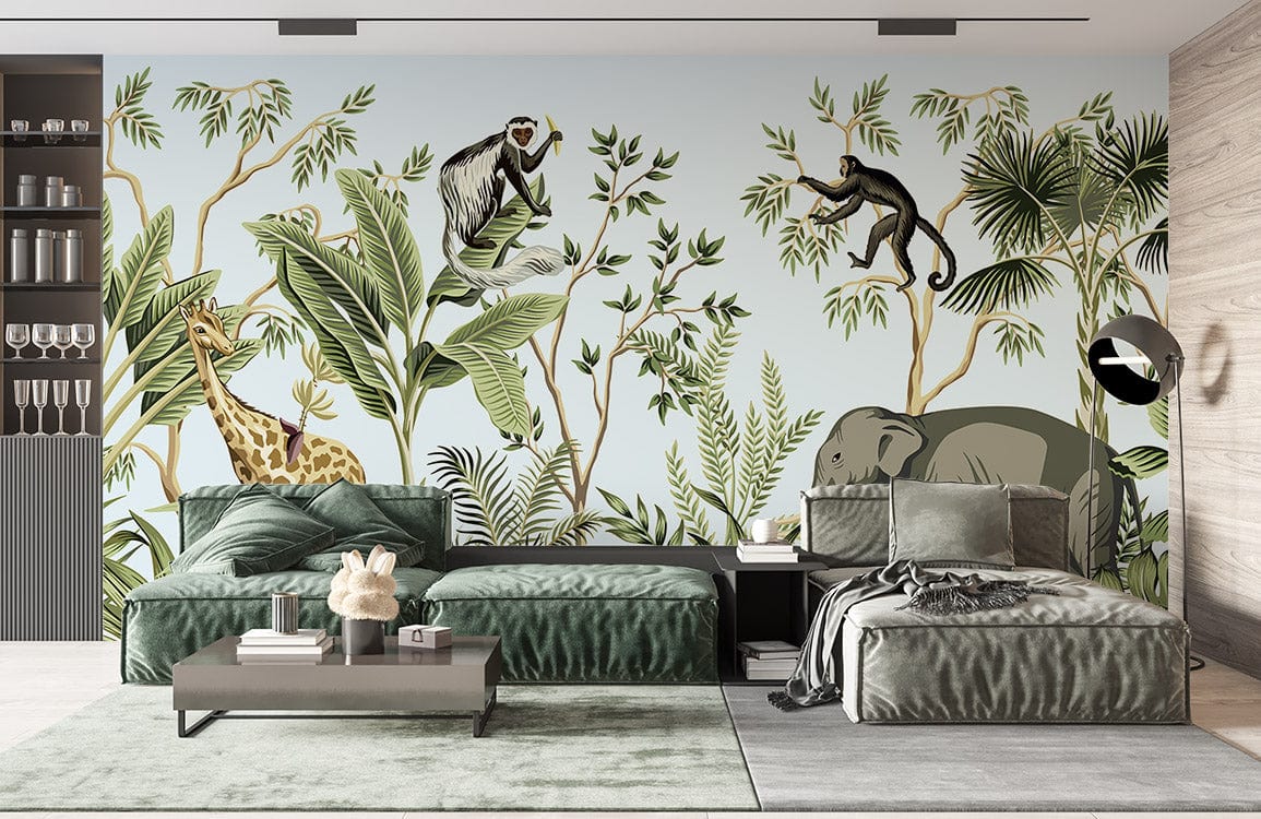 Tropical mural wallpaper featuring safari animals, green velvet sofa, modern living room decor, light wood flooring.