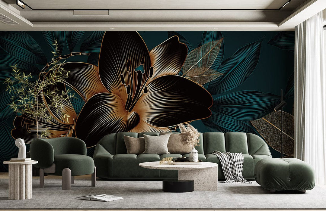 Luxurious teal and gold floral mural wallpaper in living room with green sofa, modern decor, grey flooring.