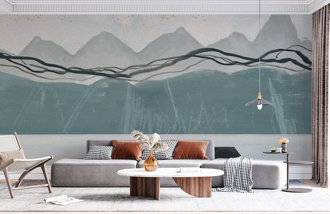 Tranquil Misty Mountains wallpaper, grey sofa, modern pendant, abstract mural, living room setting, soft blue.