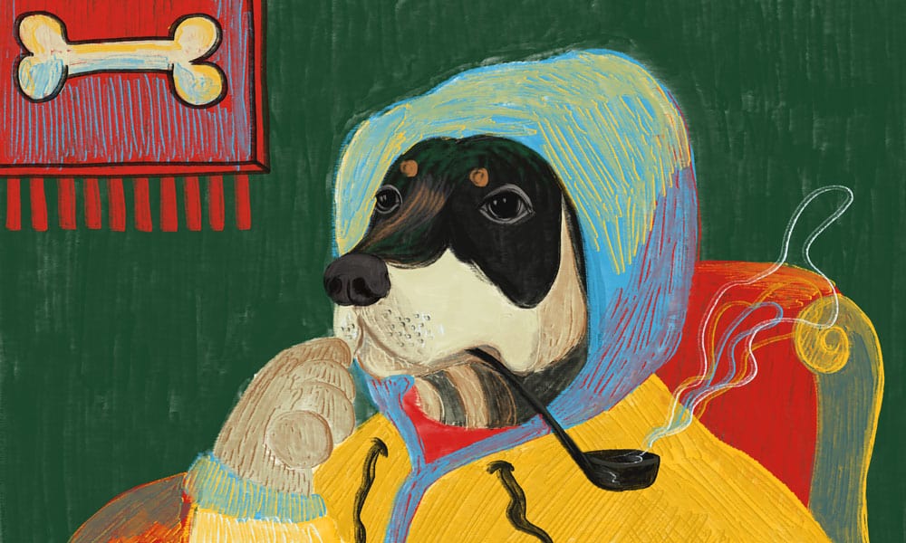 Colourful Canine Contemplation Retro-Style Wallpaper with Pipe and Bone Motif
