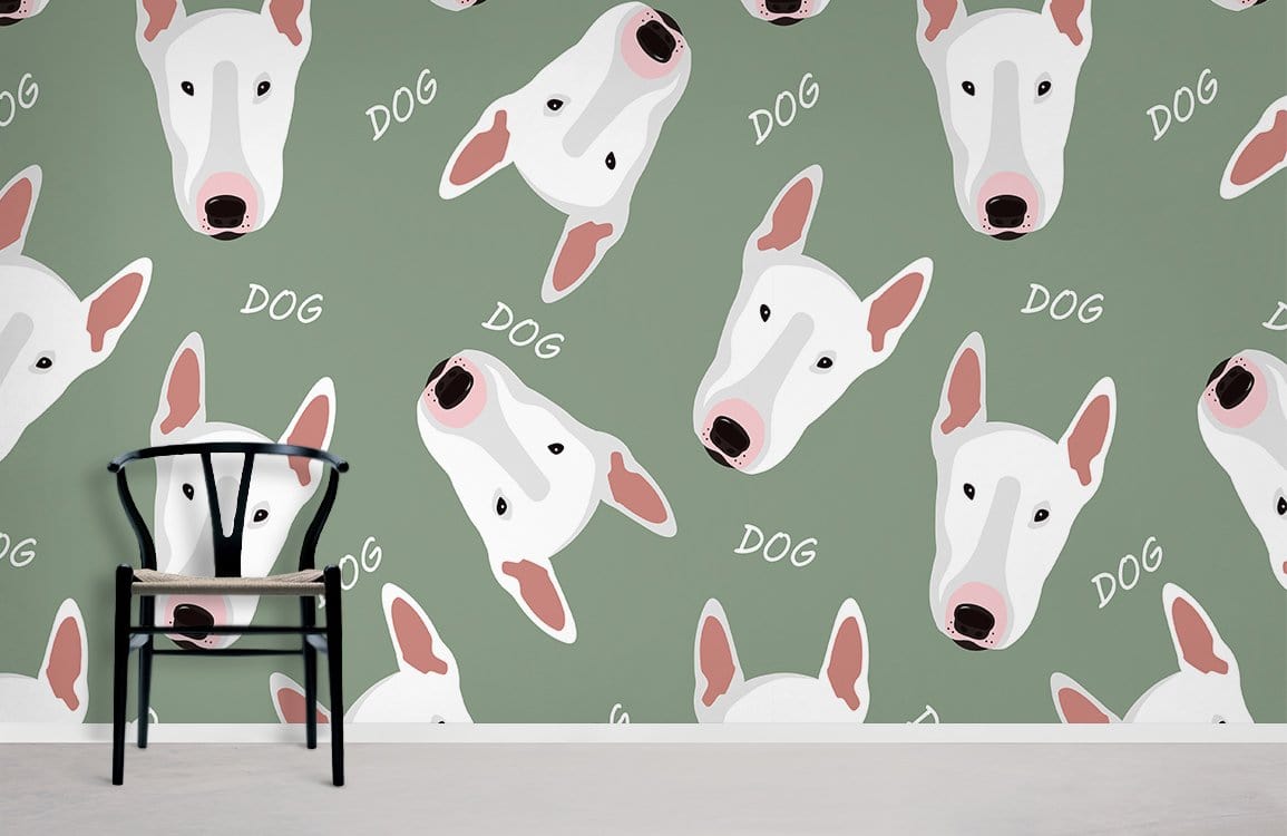 Charming sage green Bull Terrier wallpaper in living room with stylish black chair and light flooring.