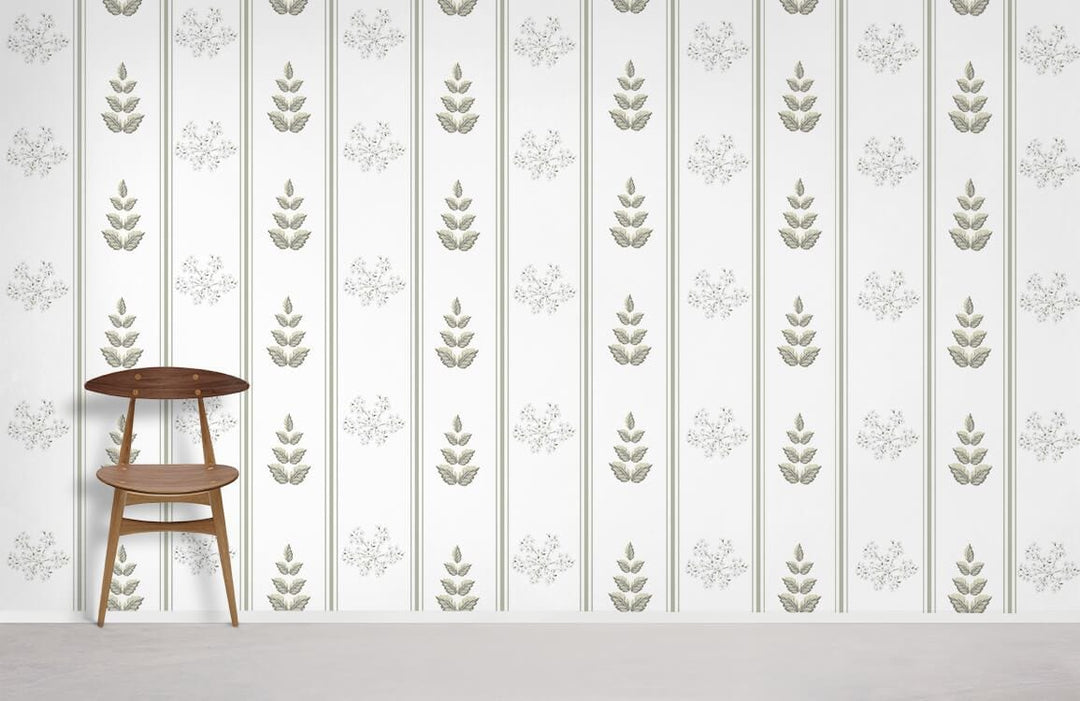 Elegant sage wallpaper with leaf pattern in white room, vintage chair, and minimalistic decor style.