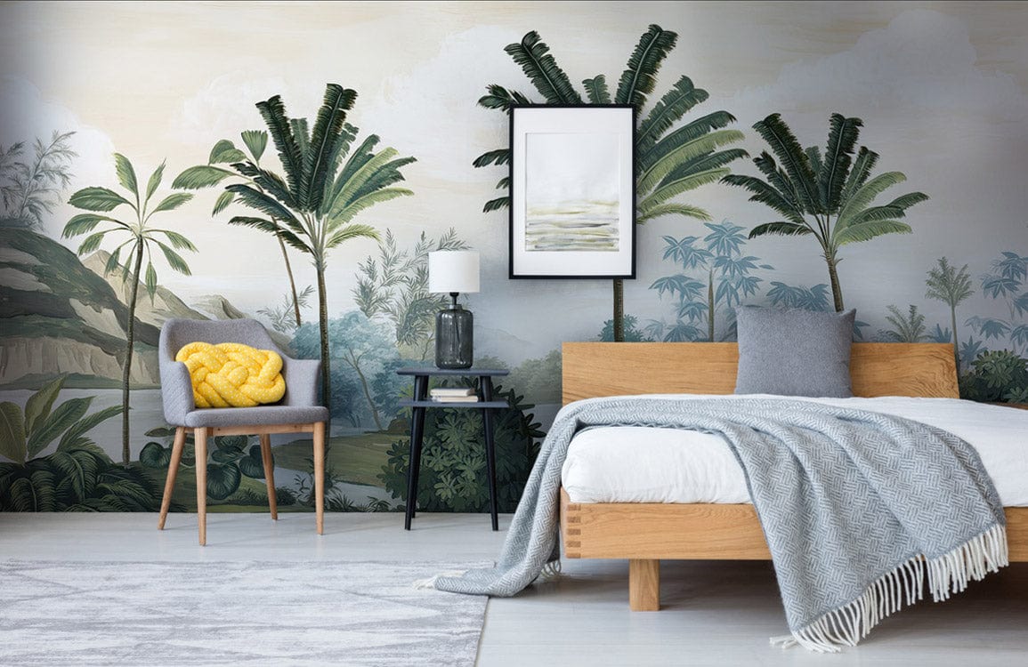 Tropical vintage palm mural wallpaper, earthy tones, bedroom, wooden bed, grey throw blanket, armchair.