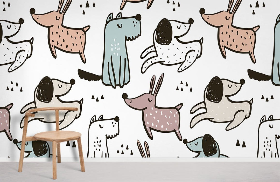 Playful pastel puppy wallpaper for children's room; wooden chair, white background, modern decor style.