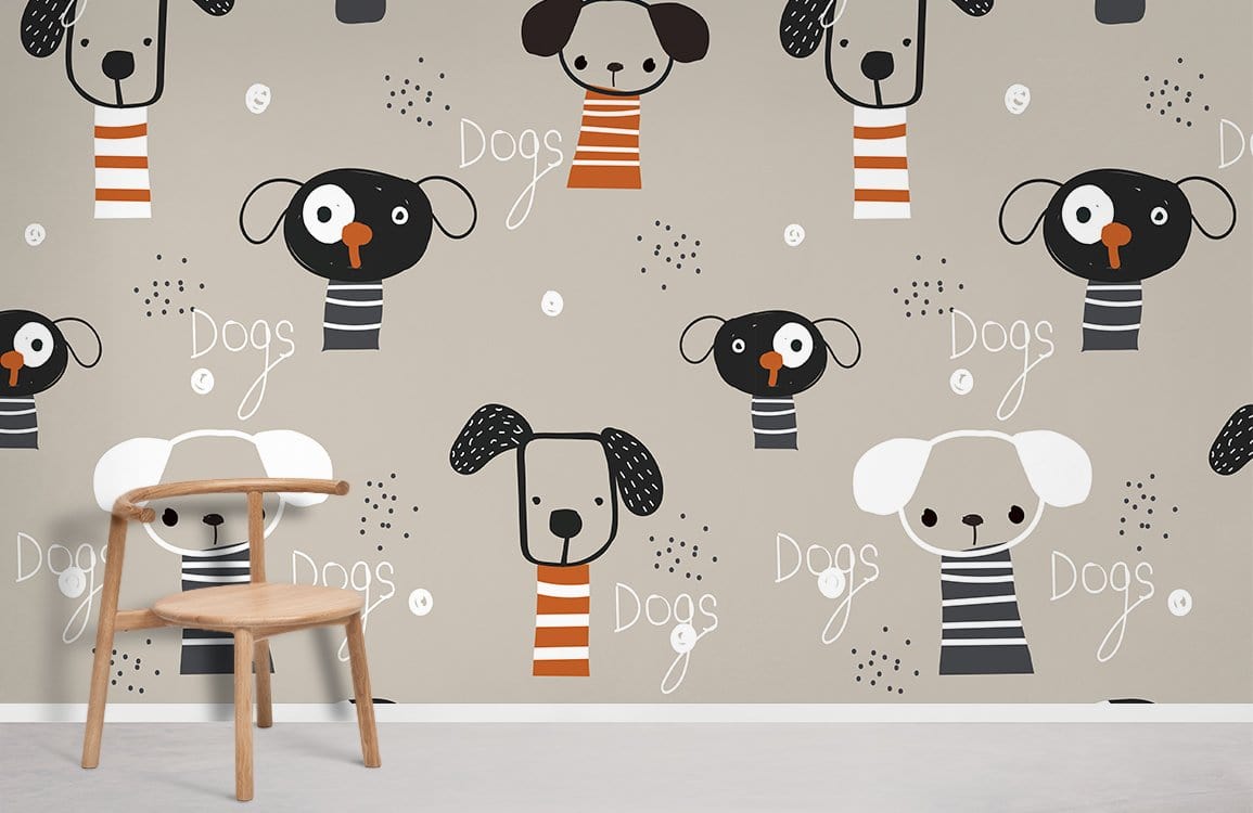 Charming Cartoon Dog Wallpaper: Beige, playful pooches, minimalistic chair, light grey flooring, contemporary design.