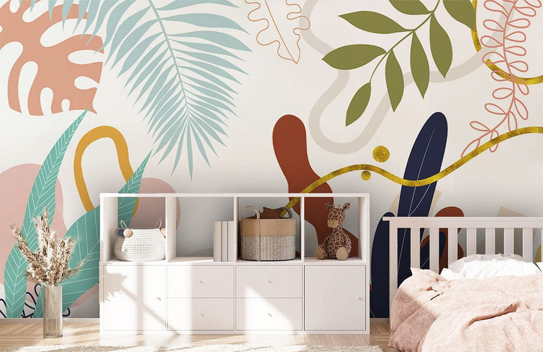 Colourful abstract botanical wallpaper in nursery with white crib, pink bedding, modern dresser, wooden flooring.
