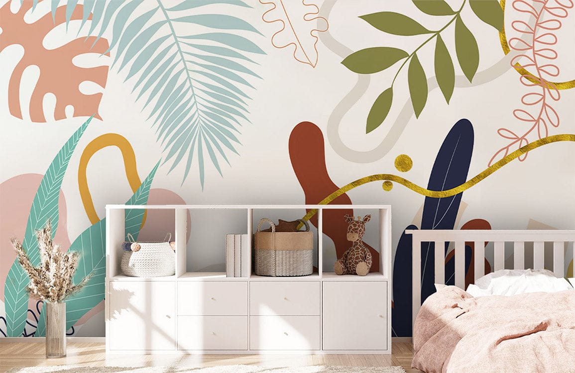 Colourful abstract botanical wallpaper in nursery with white crib, pink bedding, modern dresser, wooden flooring.