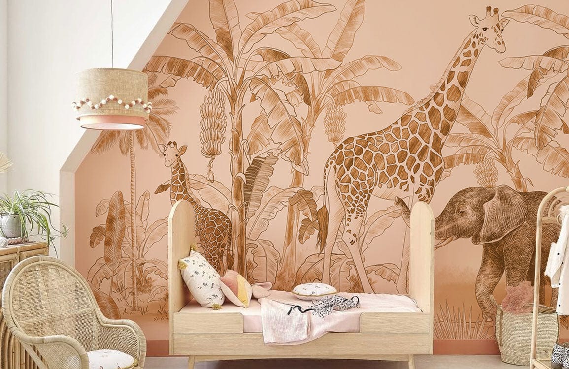 Safari Jungle wallpaper featuring giraffes and elephants. Natural wood daybed; woven armchair decor.