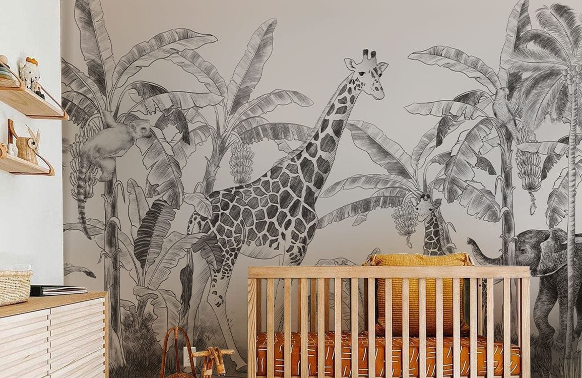 Vintage Safari Jungle Mural Wallpaper featuring giraffes with palm motifs in a stylish nursery setting.