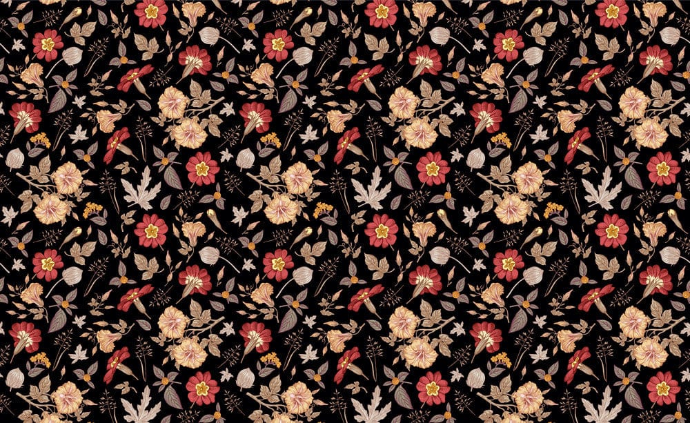 Vintage Floral Black Mural Wallpaper with Red and Gold Blossoms Pattern
