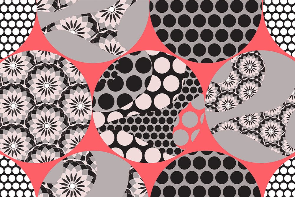 Retro Geometric Circles Wallpaper in Pink, Black and Grey Modern Design