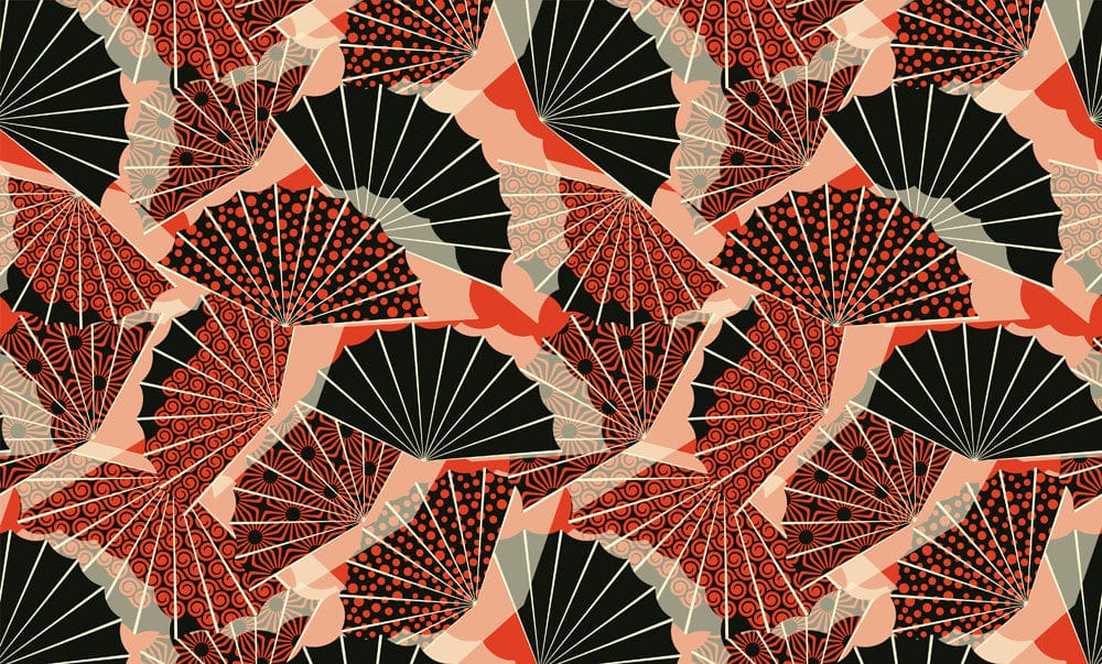 Elegant Oriental Fan Pattern Wallpaper in Bold Red and Black Design