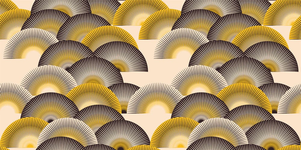 Art Deco Fan Pattern Wallpaper in Yellow, Black and Cream Elegance