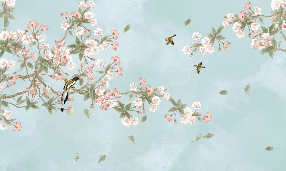 Tranquil Sky Blossom Mural Wallpaper in Pastel Blue and Pink Tones