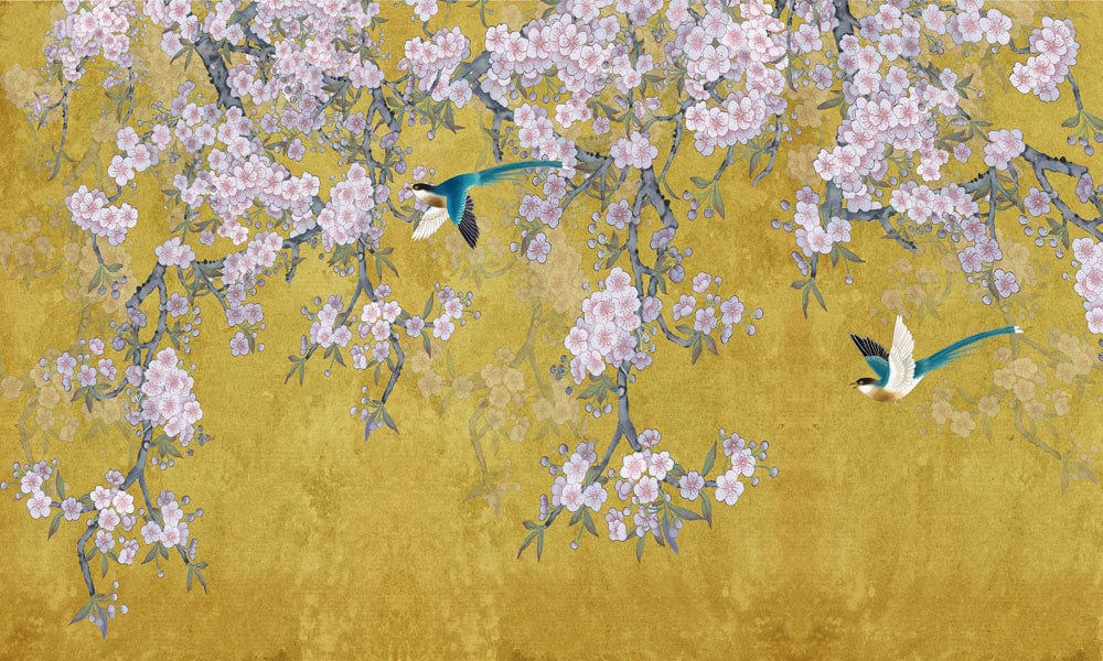 Elegant Floral Mural Wallpaper: Vintage Gold Blossom with Birds Design