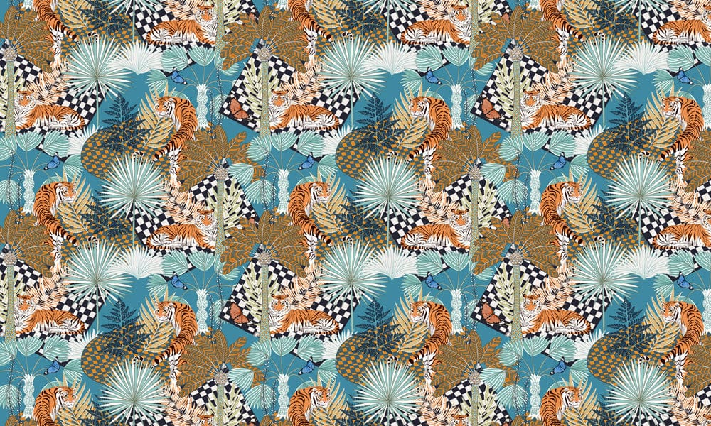 Exotic Jungle Safari Mural Wallpaper with Tigers in Blue and Gold.