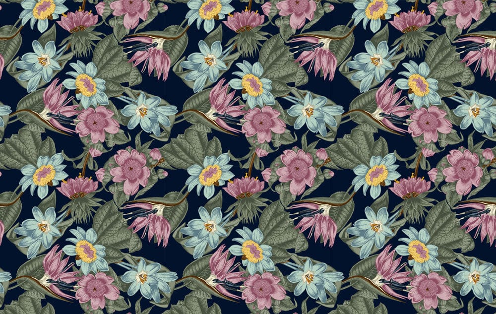 Luxurious navy floral wallpaper with pink and green accents. Botanical pattern enhances elegant interior design.