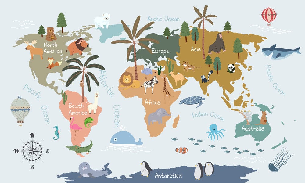 Whimsical World Map Mural Wallpaper: Educational, Colourful Adventure for Kids' Rooms