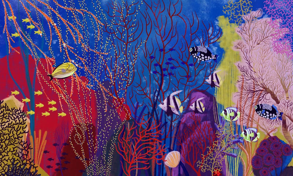 Tropical Underwater Paradise Mural Wallpaper in Vibrant Blue and Coral Shades