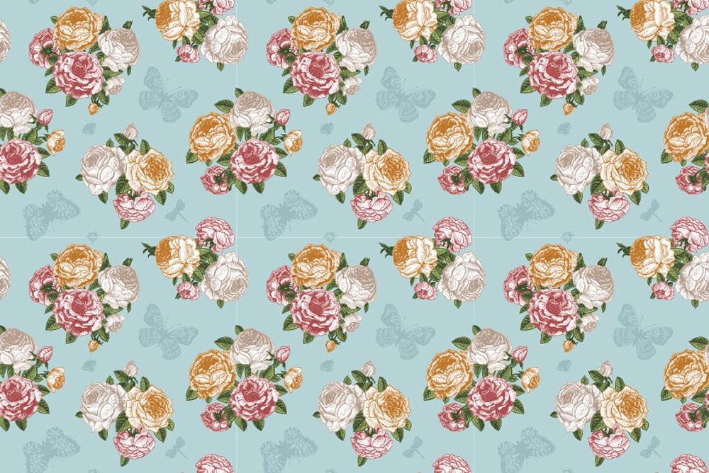 Vintage Floral Bouquet Wallpaper in Soft Blue with Butterflies Design