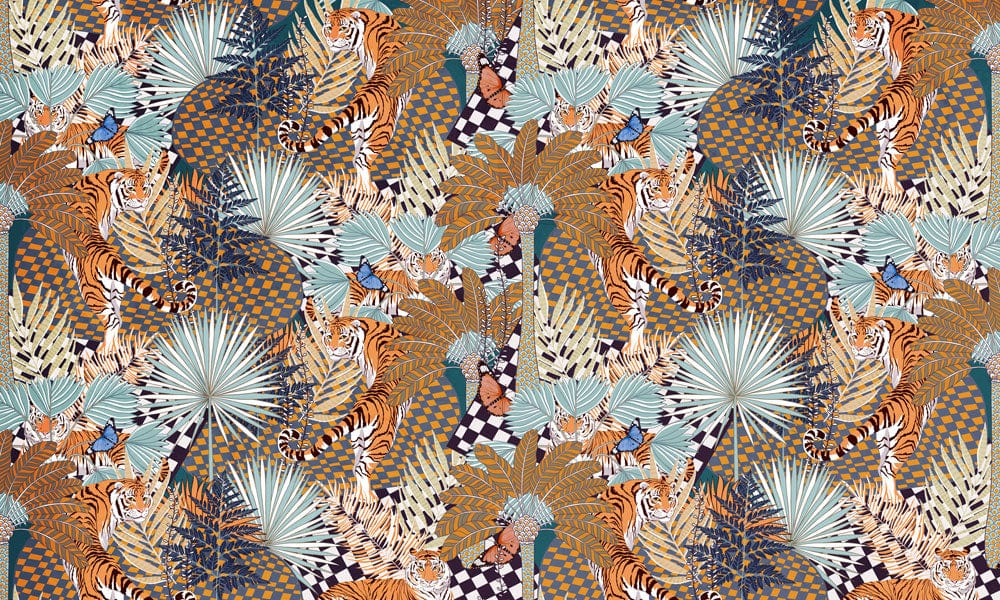 Tropical Safari-Inspired Wallpaper: Vibrant Jungle Design with Blue and Orange Accents