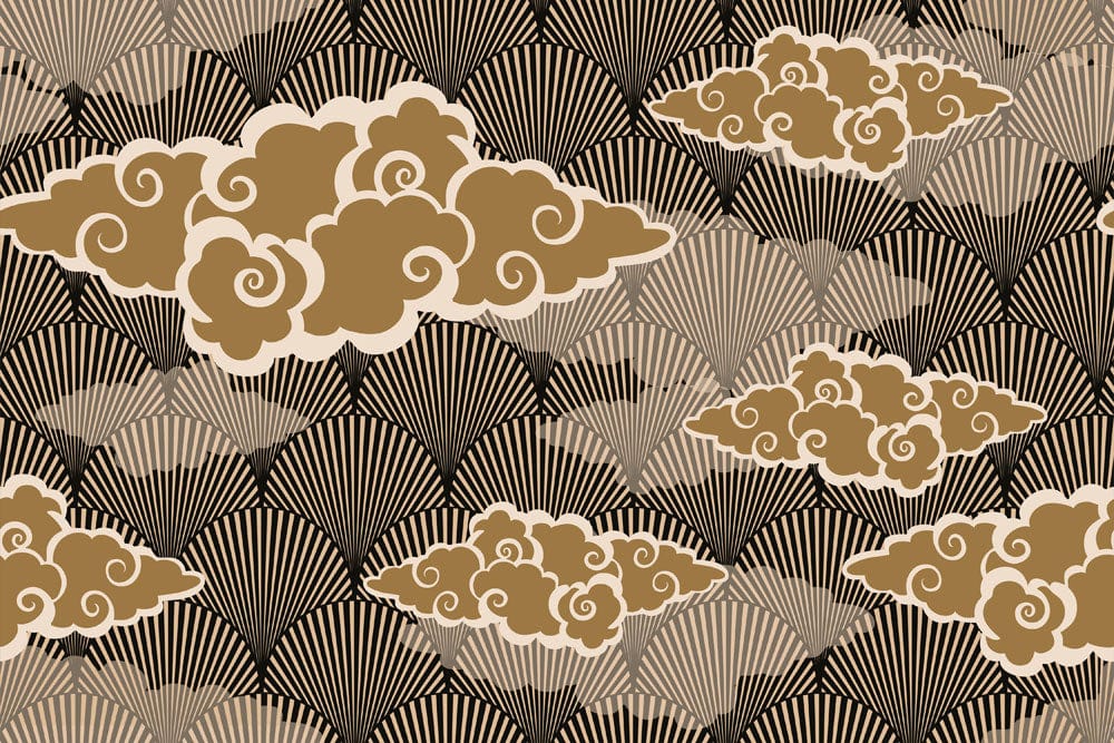 Vintage Japanese Art Deco Fan and Cloud Pattern Wallpaper - Gold and Black