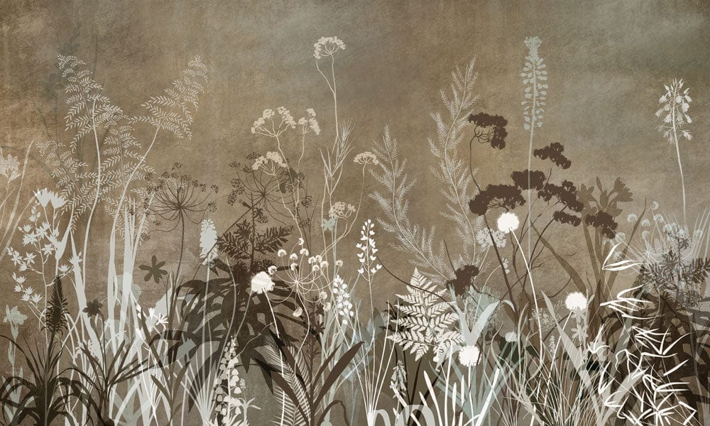 Vintage Botanical Meadow Mural Wallpaper in Earthy Tones - Rustic Elegance