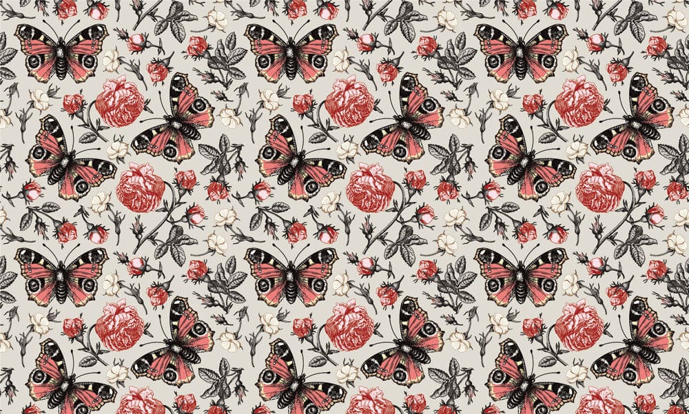 Vintage Botanical Butterfly Floral Wallpaper - Elegant Nature-Inspired Design Red Cream