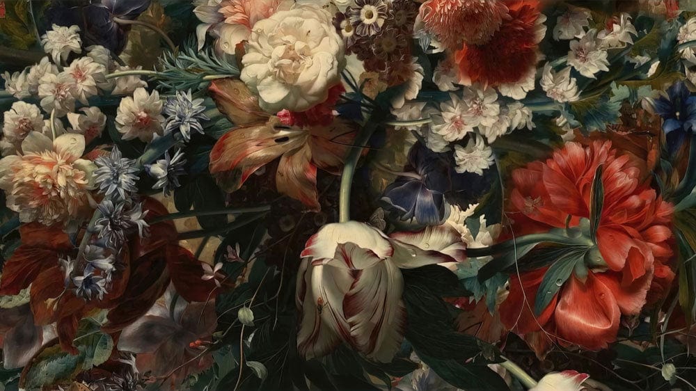 Vintage Floral Paradise Mural Wallpaper: Luxurious Dark Botanical Blooms Design