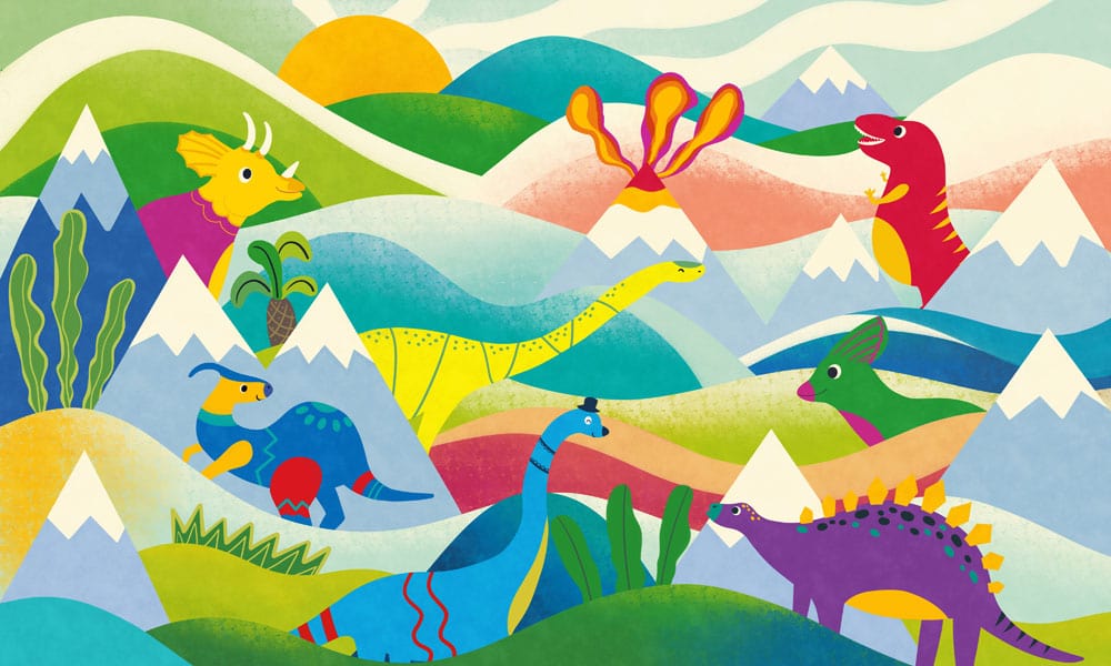 Colourful Dinosaur Adventure Mural Wallpaper for Kids Room Decor Delight
