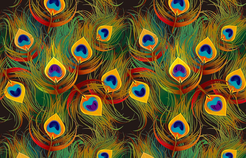 Luxe Peacock Feather Pattern Wallpaper in Vibrant Multicolour Art Deco Style