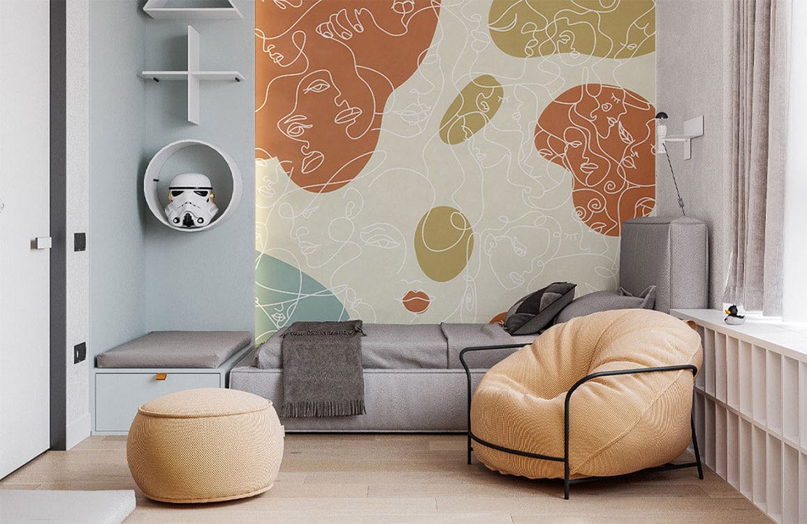 Abstract pastel wallpaper with Earth tones in stylish living room, grey sofa, beige chair, light wood floor.