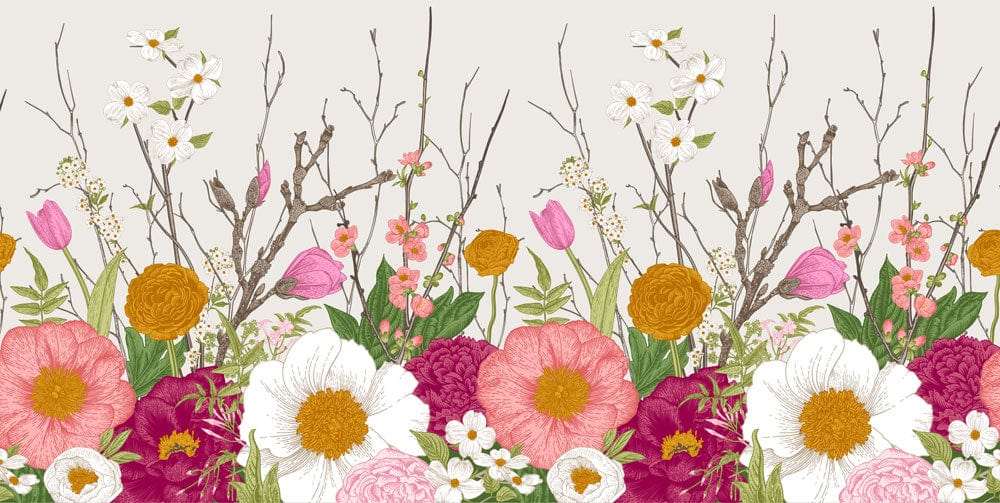 Vibrant Floral Garden Mural Wallpaper - Pink, White, and Gold Botanical Elegance