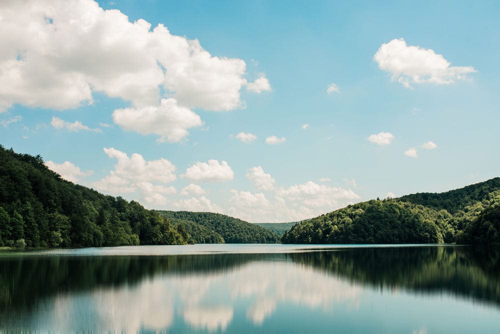 Tranquil Blue Sky Scenic Lake Landscape Mural Wallpaper Design