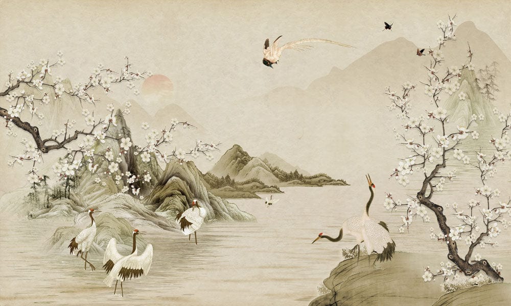 Serene Oriental Crane Landscape Mural Wallpaper in Soft Earthy Tones