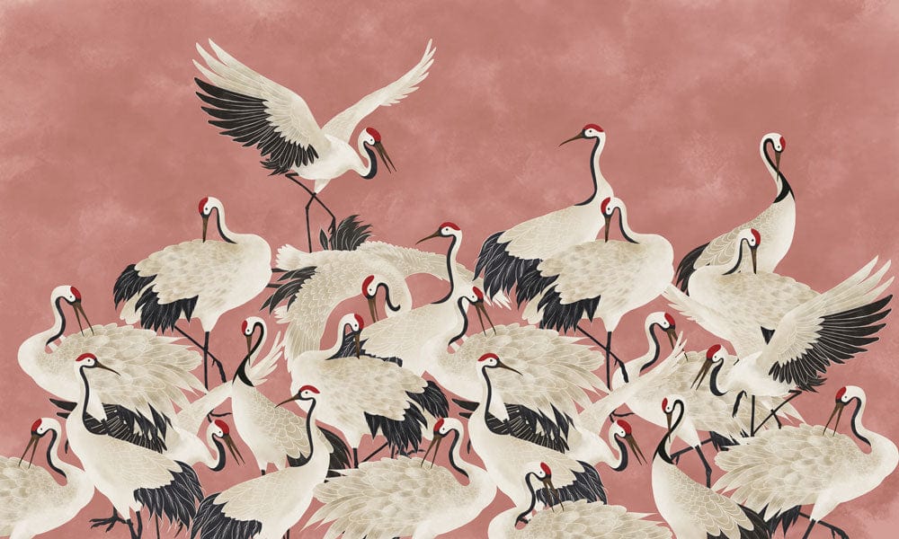 Elegant Coral Crane Pattern Wallpaper - Exquisite Japanese-Themed Decor Design